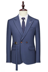 Modern Double Breasted Peaked Lapel Navy Blue Prom Suits For Men