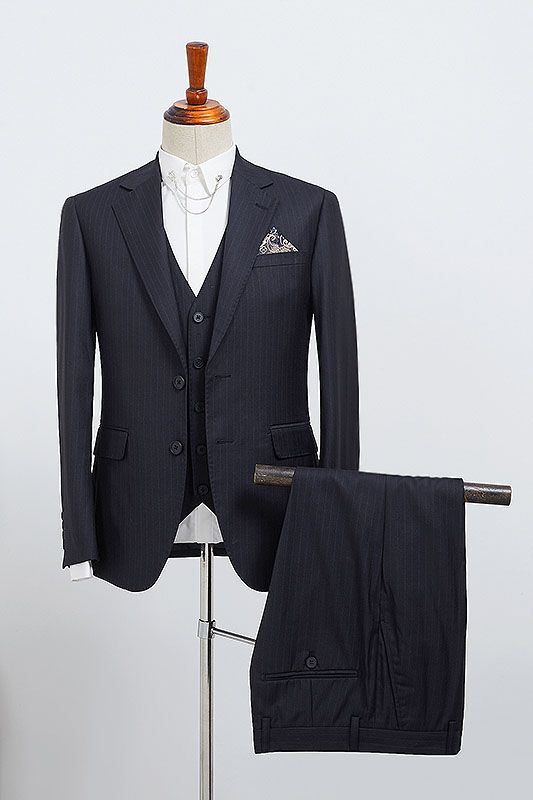 Modern Navy Blue Striped 3 Pieces Slim Fit Bespoke Business Suit