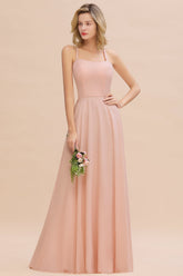 Modern Pink Long Chiffon A-line Open Back Bridesmaid Dress-27Dress