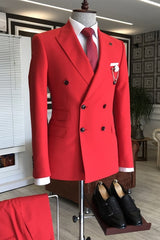 Modern Peaked Lapel Double Breasted Red Prom Suits