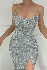 Modern Silver Split Strapless Mermaid Long Prom Dress with Sequins