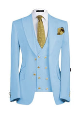 Modern Sky Blue Three Pieces Peaked Lapel Men Suits For Prom