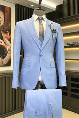 Modern Sky Three Pieces Peaked Lapel Blue Prom Suits For Men