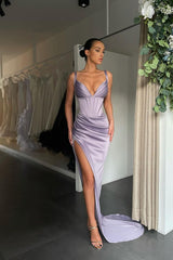 Modern Spaghetti Strap V Neck High Split Prom Dress Sleeveless With Pleated