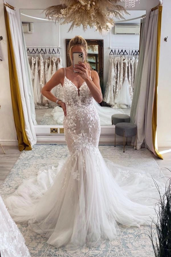 Modern Spaghetti Straps Lace Mermaid Wedding Dress-27dress