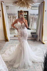 Modern Spaghetti Straps Lace Mermaid Wedding Dress-27dress