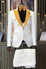 Modern Three Pieces Jacquard White Wedding Suits With Yellow Peaked Lapel