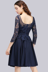 Modest 3/4 Sleeves Short Navy Lace Bridesmaid Dresses with Appliques-27dress