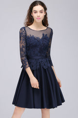Modest 3/4 Sleeves Short Navy Lace Bridesmaid Dresses with Appliques-27dress