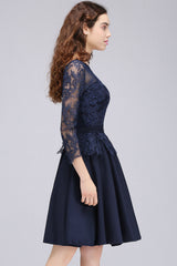 Modest 3/4 Sleeves Short Navy Lace Bridesmaid Dresses with Appliques-27dress