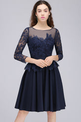 Modest 3/4 Sleeves Short Navy Lace Bridesmaid Dresses with Appliques-27dress