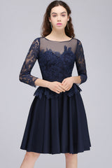 Modest 3/4 Sleeves Short Navy Lace Bridesmaid Dresses with Appliques-27dress