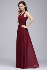 Modest Burgundy V-Neck Sleeveless Long Bridesmaid Dresses Affordable-27dress
