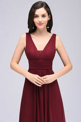 Modest Burgundy V-Neck Sleeveless Long Bridesmaid Dresses Affordable-27dress