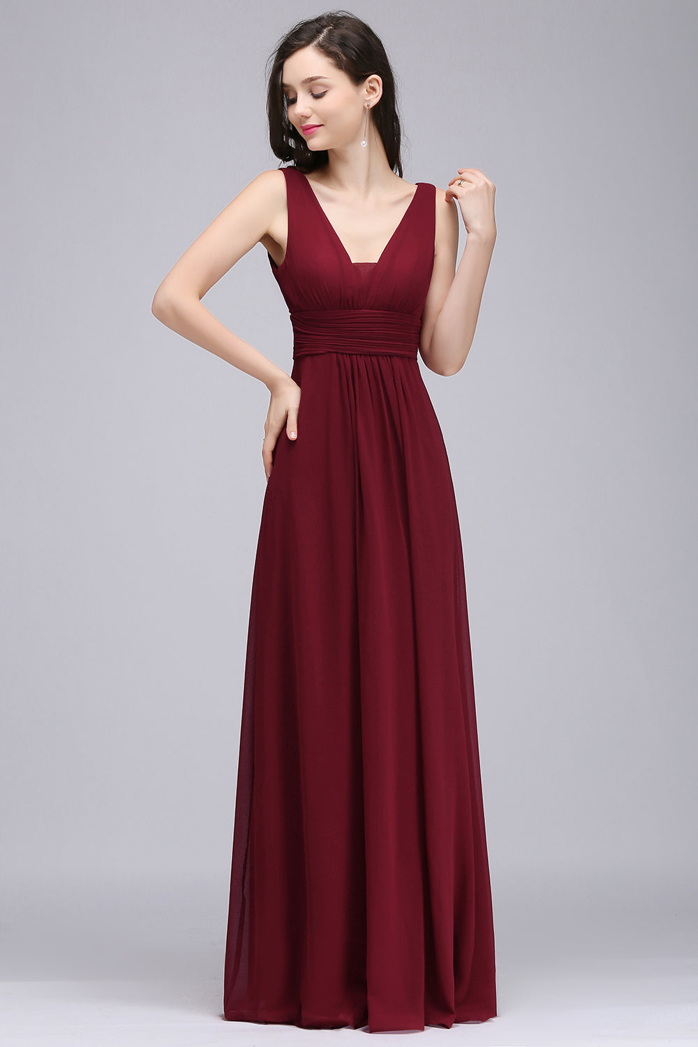 Modest Burgundy V-Neck Sleeveless Long Bridesmaid Dresses Affordable-27dress