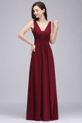 Modest Burgundy V-Neck Sleeveless Long Bridesmaid Dresses Affordable-27dress