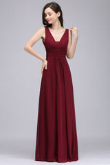 Modest Burgundy V-Neck Sleeveless Long Bridesmaid Dresses Affordable-27dress