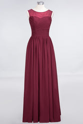 Modest Chiffon Lace Scoop Ruffle Burgundy Bridesmaid Dresses Affordable-27dress