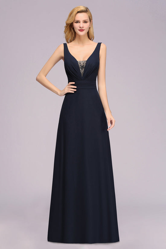 Modest Chiffon V-Neck Long Bridesmaid Dress Online with Beadings-27dress
