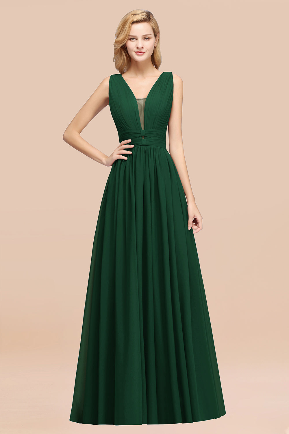 Modest Dark Green Long Bridesmaid Dress Deep V-Neck Chiffon Maid of Honor Dress-27dress