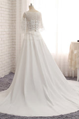 Modest Halfsleeves White Jewel Wedding Dresses Chiffon Lace Bridal Gowns With Appliques On Sale-27dress