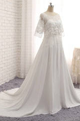 Modest Halfsleeves White Jewel Wedding Dresses Chiffon Lace Bridal Gowns With Appliques On Sale-27dress