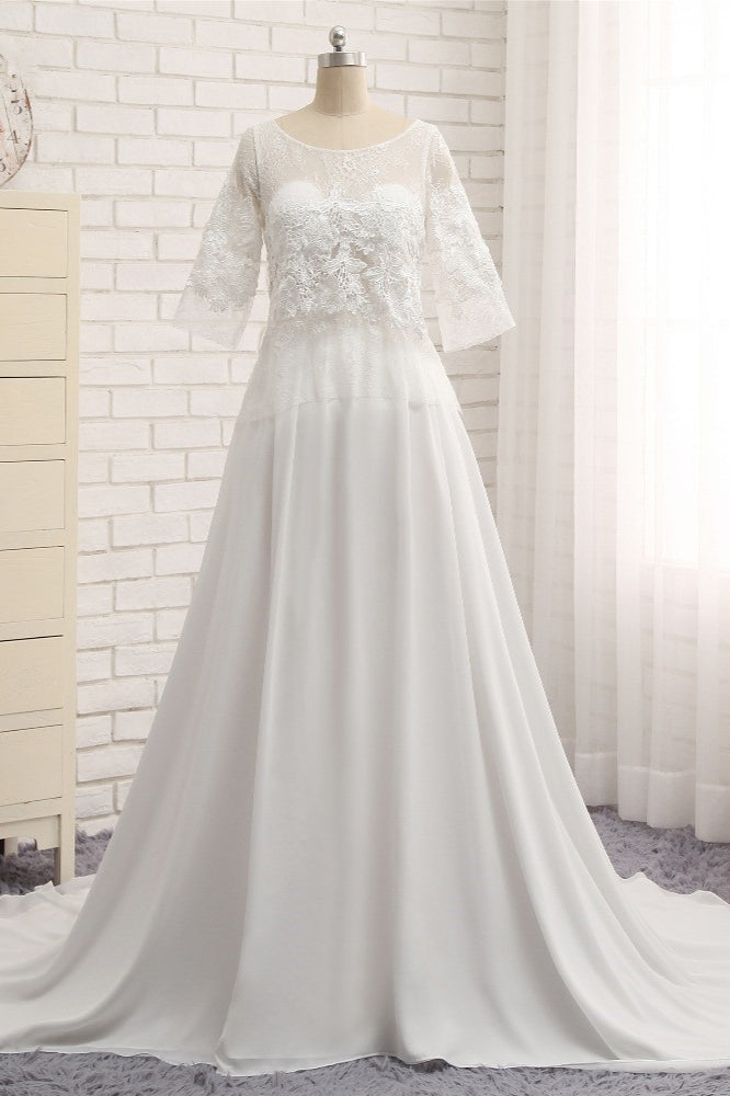 Modest Halfsleeves White Jewel Wedding Dresses Chiffon Lace Bridal Gowns With Appliques On Sale-27dress