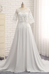 Modest Halfsleeves White Jewel Wedding Dresses Chiffon Lace Bridal Gowns With Appliques On Sale-27dress