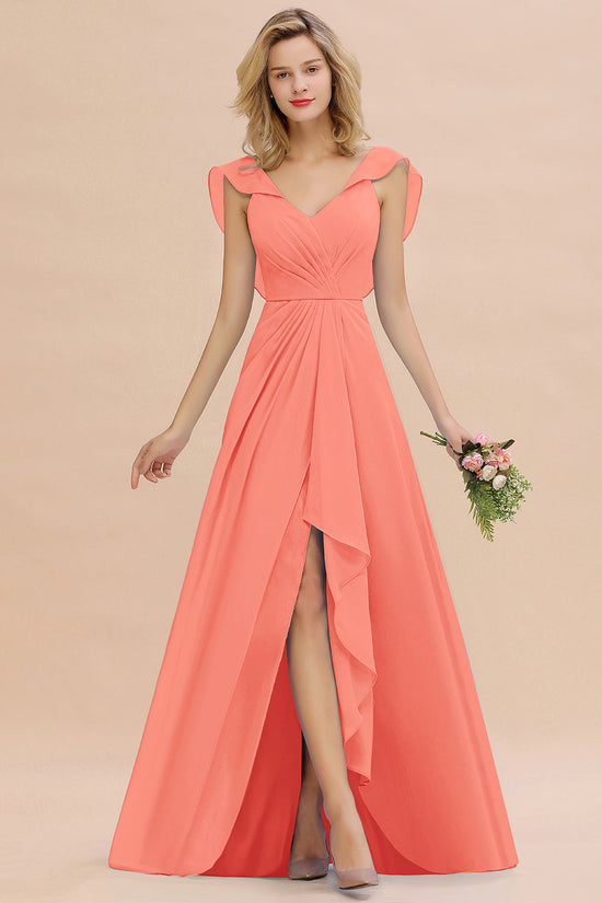 Modest Hi-Lo V-Neck Ruffle Long Bridesmaid Dress with Slit-27dress