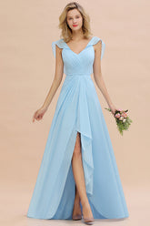 Modest Hi-Lo V-Neck Ruffle Long Bridesmaid Dress with Slit-27dress