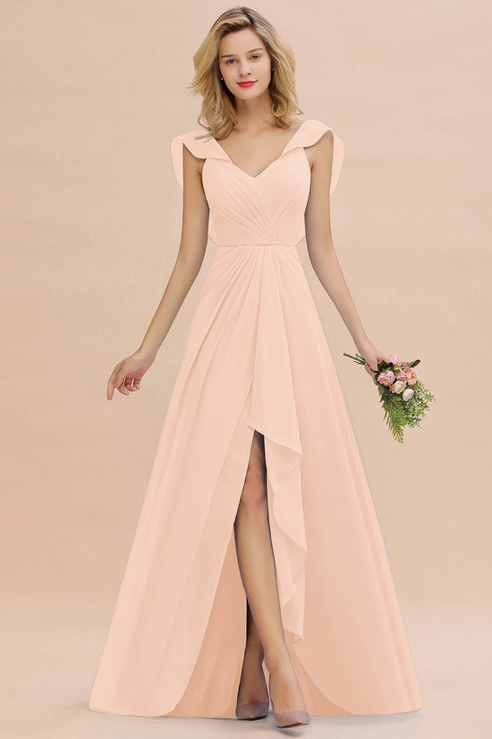 Modest Hi-Lo V-Neck Ruffle Long Bridesmaid Dress with Slit-27dress