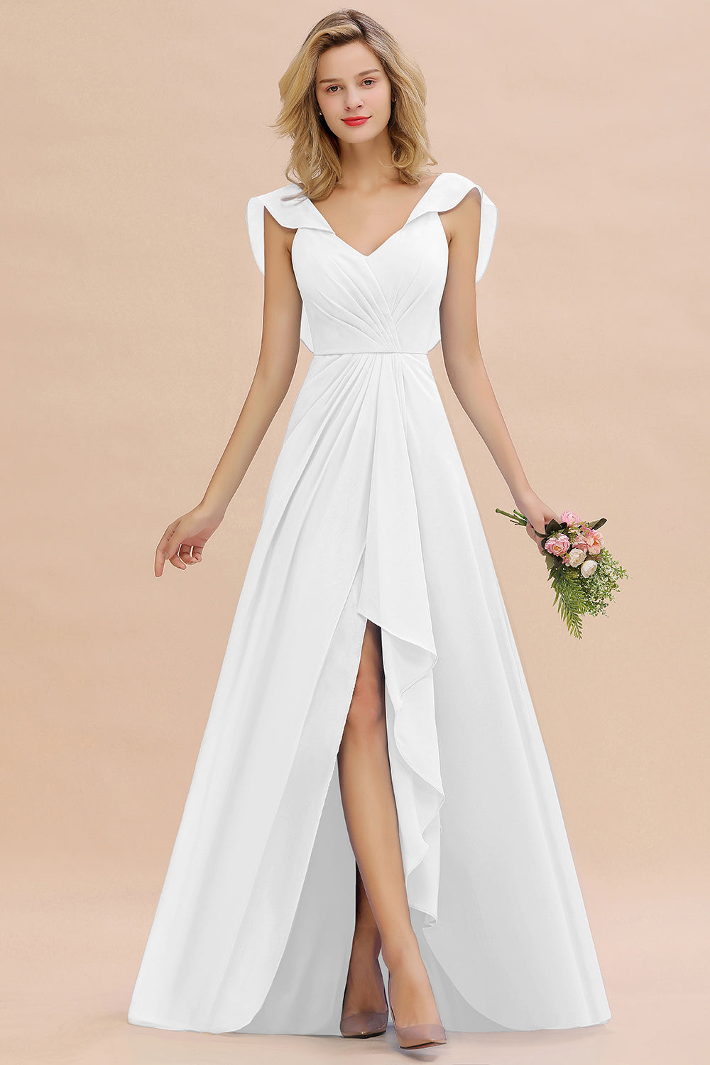 Modest Hi-Lo V-Neck Ruffle Long Bridesmaid Dresses with Front Split