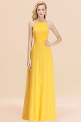 Modest High-Neck Yellow Chiffon Affordable Bridesmaid Dresses Online-27dress