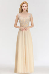 Modest Jewel Champagne Lace Bridesmaid Dresses with Beadings-27dress