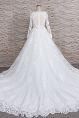Modest Jewel Longsleeves A-line Wedding Dresses White Tulle Lace Bridal Gowns With Appliques On Sale-27dress