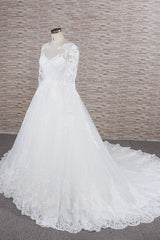 Modest Jewel Longsleeves A-line Wedding Dresses White Tulle Lace Bridal Gowns With Appliques On Sale-27dress