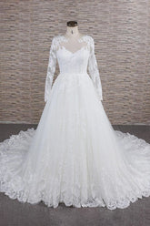 Modest Jewel Longsleeves A-line Wedding Dresses White Tulle Lace Bridal Gowns With Appliques On Sale-27dress