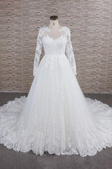 Modest Jewel Longsleeves A-line Wedding Dresses White Tulle Lace Bridal Gowns With Appliques On Sale-27dress