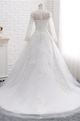 Modest Jewel White Tulle Lace Wedding Dress Long Sleeves Appliques A-Line Bridal Gowns On Sale-27dress
