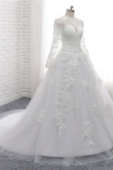 Modest Jewel White Tulle Lace Wedding Dress Long Sleeves Appliques A-Line Bridal Gowns On Sale-27dress