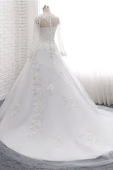 Modest Jewel White Tulle Lace Wedding Dress Long Sleeves Appliques A-Line Bridal Gowns On Sale-27dress