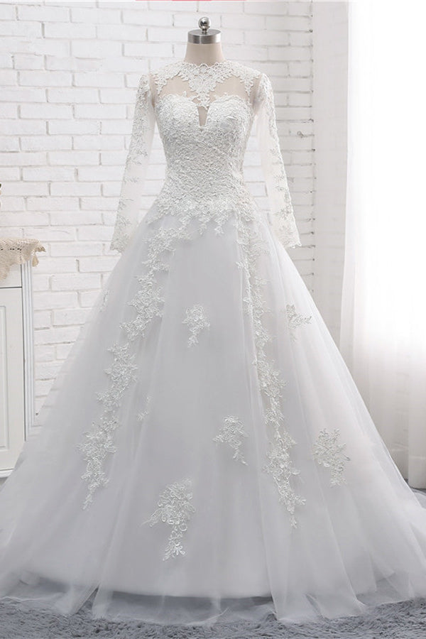 Modest Jewel White Tulle Lace Wedding Dress Long Sleeves Appliques A-Line Bridal Gowns On Sale-27dress