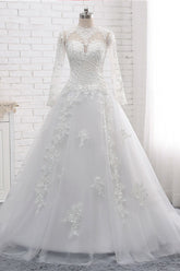 Modest Jewel White Tulle Lace Wedding Dress Long Sleeves Appliques A-Line Bridal Gowns On Sale-27dress