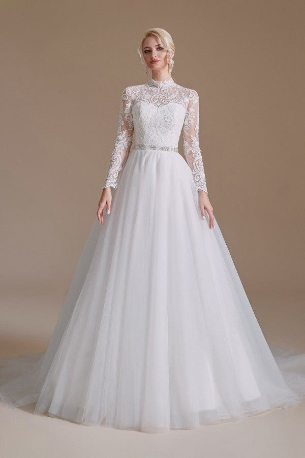 Modest Long A-line High Neck Tulle Lace Wedding Dresses with Sleeves-27dress