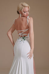Modest Long Mermaid Satin Spaghetti Straps Open Back Wedding Dress with slit-27dress
