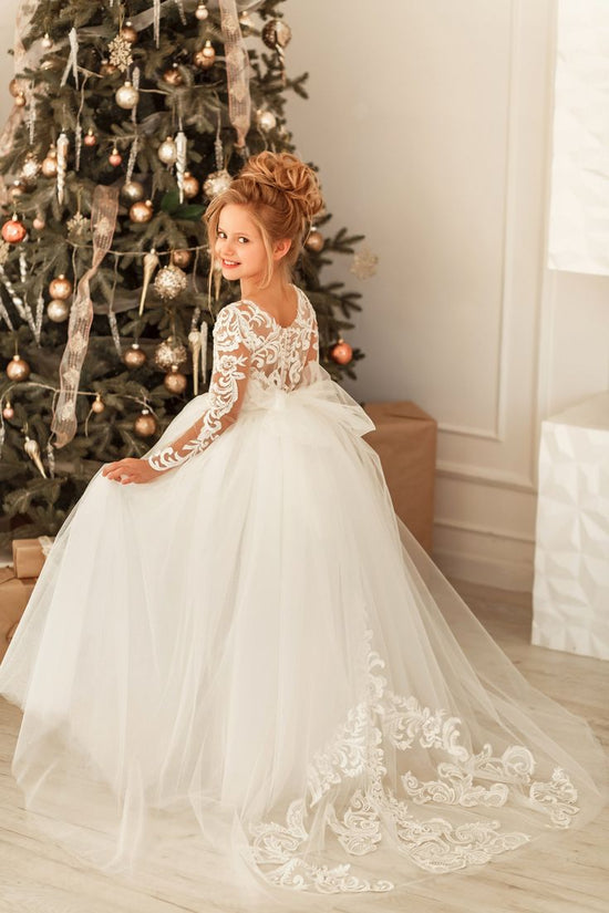 Modest Long Princess Tulle Lace Appliques flower girl dress with Sleeves-27dress