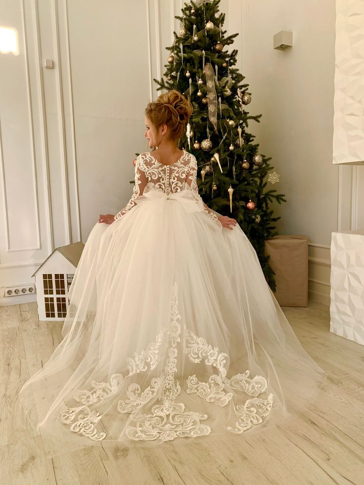 Modest Long Princess Tulle Lace Appliques flower girl dress with Sleeves-27dress