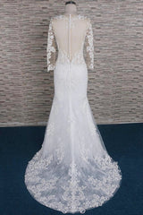 Modest Longsleeves Jewel Lace Wedding Dresses With Appliques White Tulle Bridal Gowns On Sale-27dress