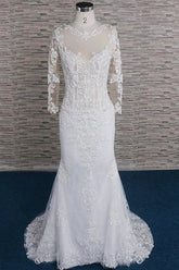 Modest Longsleeves Jewel Lace Wedding Dresses With Appliques White Tulle Bridal Gowns On Sale-27dress