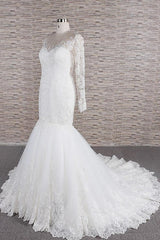 Modest Longsleeves jewel Mermaid Wedding Dresses White Tulle Lace Bridal Gowns With Appliques Online-27dress